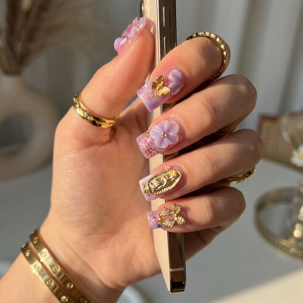 Handmade Duck Nude and purple French Tips
